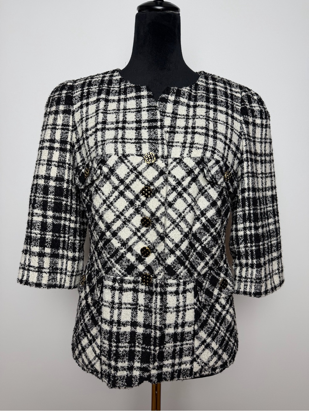 Women's Black & White Plaid Bouclé Jacket - Elegant Tailored Blazer Size 8